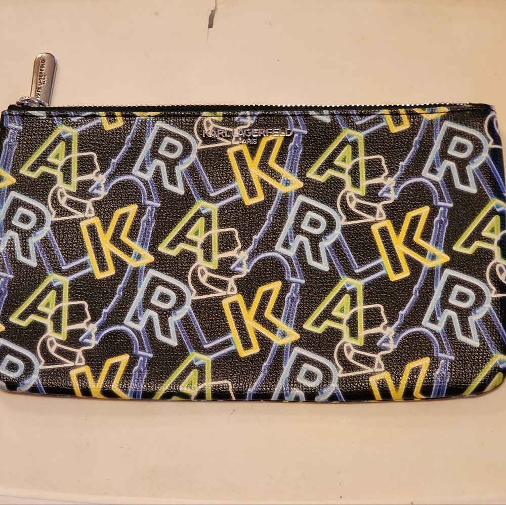 Karl Lagerfeld Paris Neon Clips Purse Wristlet Zip Black French Eiffel
